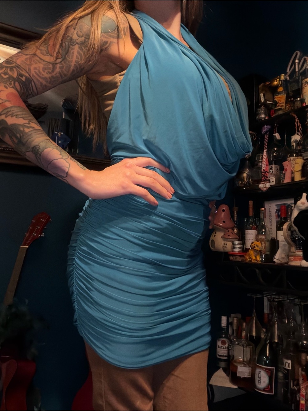 Blue Draped Halter Ruched Mini Dress - Women